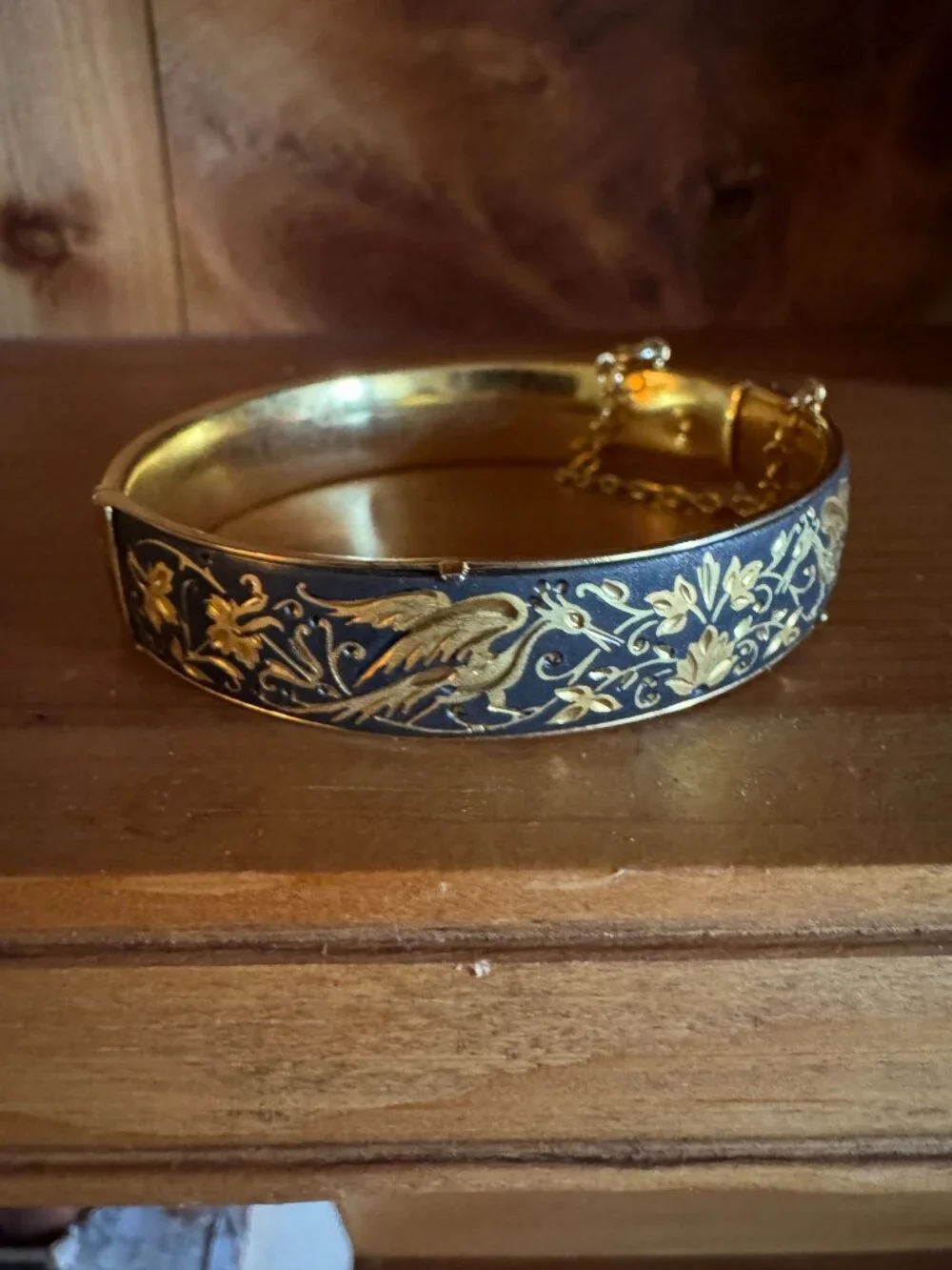 Vintage Damascene Gold Black Hinged Bracelet With Chain Bird-of-paradise